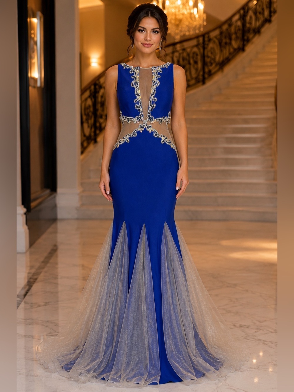 Dave & Johnny Royal Blue Crystal Beaded Illusion Mermaid Gown Size 10
